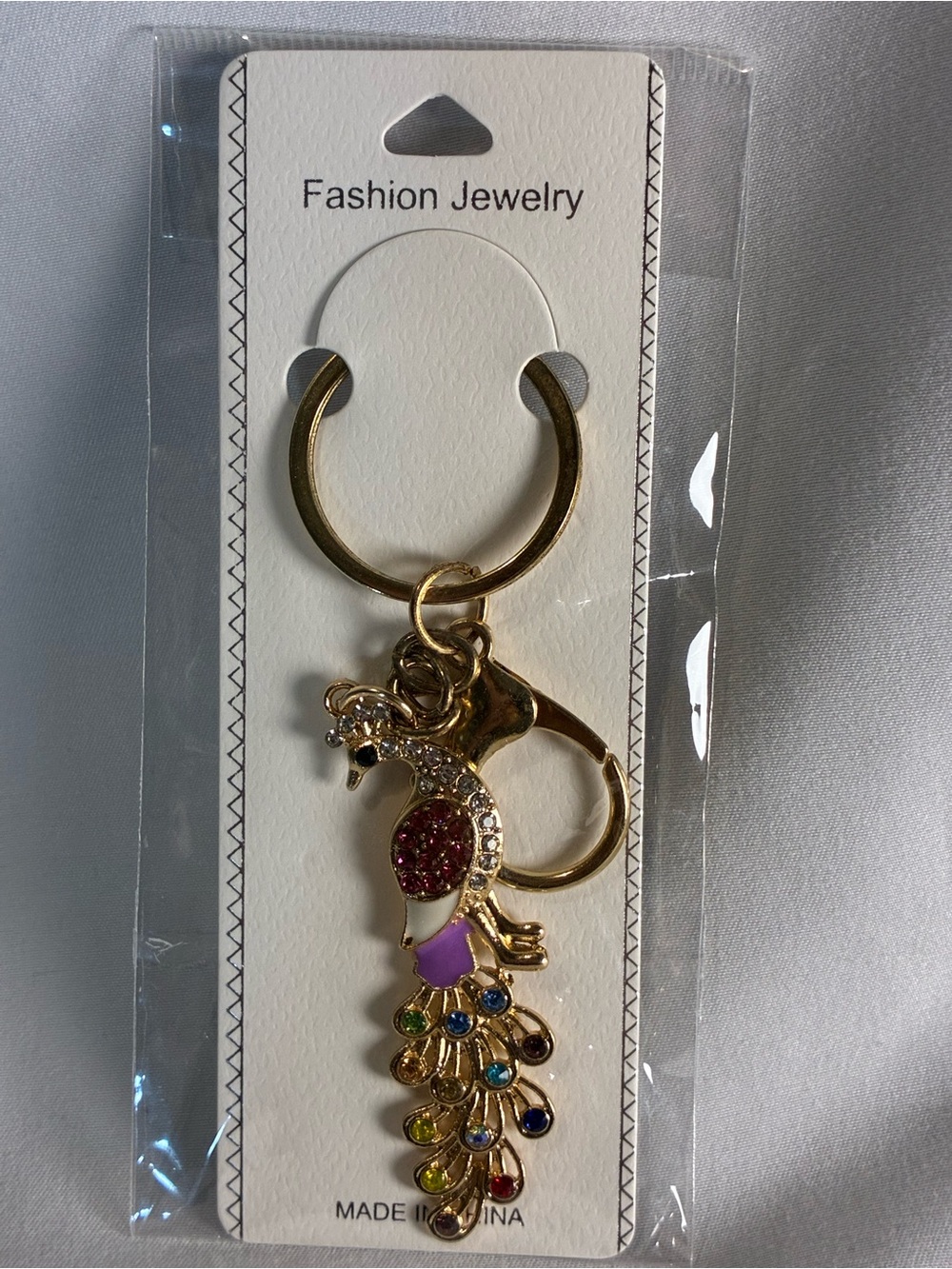 Gold Peacock Key & Card Holder Charm - Multicolor Gem Accents